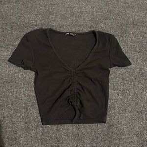 Zara Black Ruched V-Neck Tie Short Sleeve Shirt Top Women’s Size Small